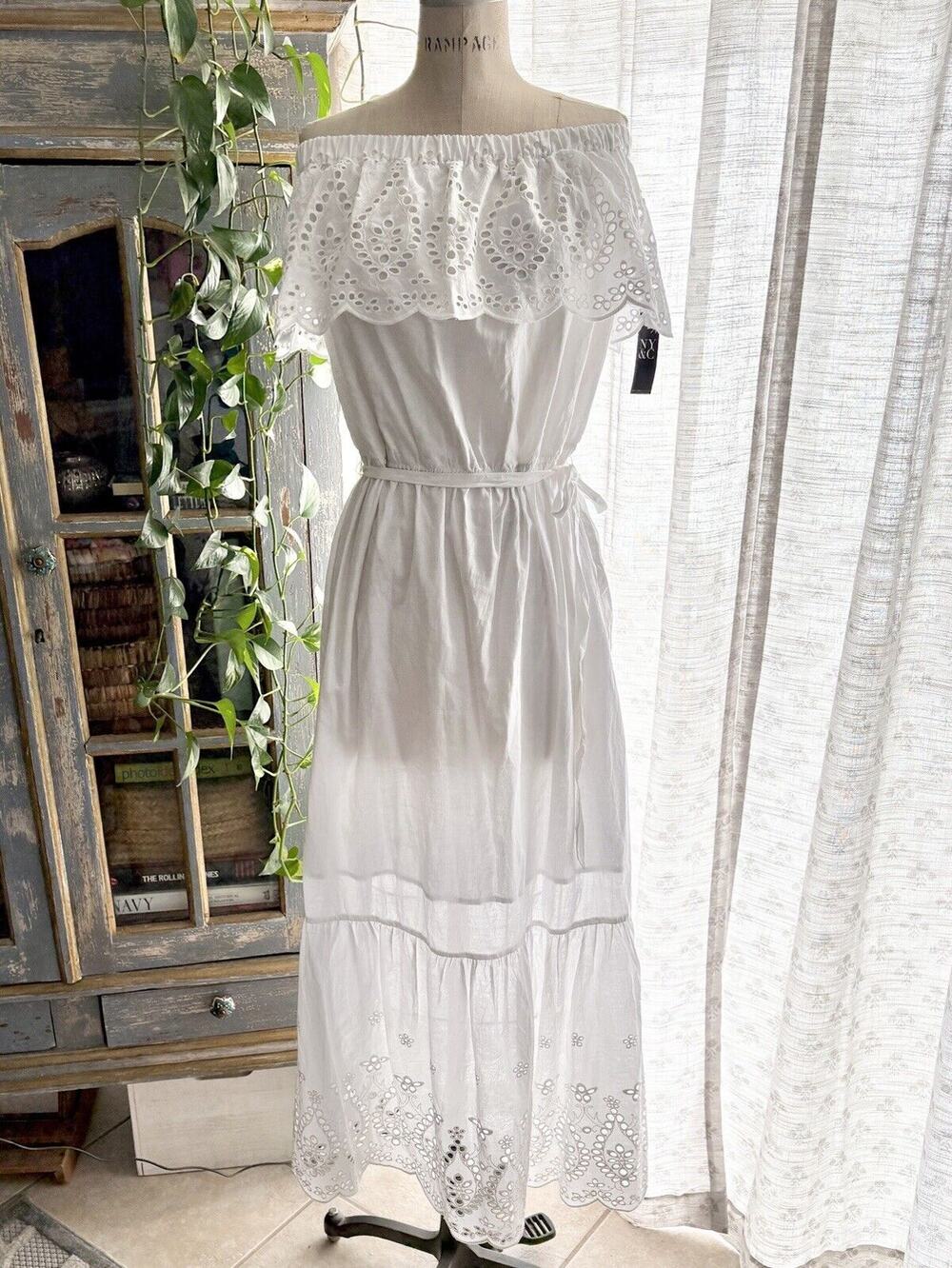 NWT Eyelet White Off Shoulder Maxi Dress Wedding Beach Boho NY & Co XL
